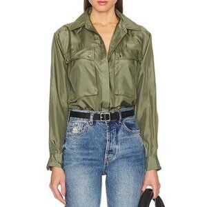 Veronica Beard Jada Blouse Silk Olive Green Utility Pockets Long Roll Sleeves 8